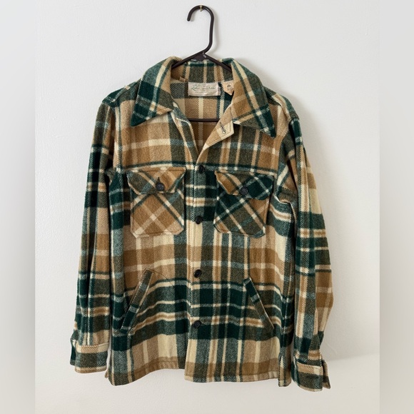 Vintage 60’s Men’s M L.L. Bean Wool Plaid Shirt Jacket Freeport Maine Tan Green - Picture 2 of 16